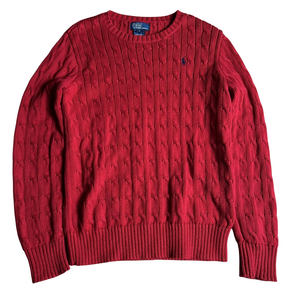Polo By Ralph Lauren Sweater Womens M Red Cable-Knit Cropped Logo Embroidered